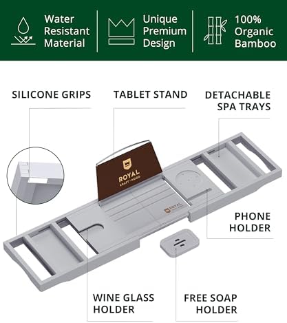 ROYAL CRAFT WOOD Premium Foldable Bathtub Tray Caddy - Wood Bath Tray for Tub, Bamboo Shelf, Expandable Bath Table Trays, Bathtub & Bathroom Accessories for New Home & Mothers, Birthday Gifts for Mom