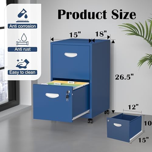 SteeLoong 2 Drawer File Cabinet,Metal Mobile File Cabinet with Lock Blue
