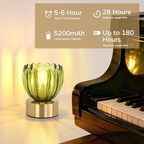 Shenmoyl Cordless Small Table Lamp with 5200mAh Battery & Touch Control, Battery Operated Tulip Table Lamp with 3 Colors, Rechargeable Mini Table Lamps for Bedsides, Bedroom, Nightstand (Green)