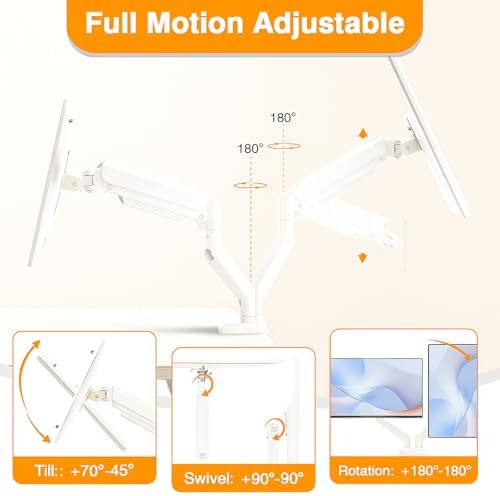 Dual Monitor Arms, Gas Spring Monitor Arms for 2 Monitors up to 34" Curved/Flat, 22lbs per Arm, VESA Mount 75x75 100x100mm, C-Clamp & Grommet Base, Adjustable Tilt/Swivel/Rotation White