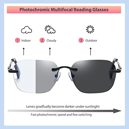 K.LAVER Progressive Multifocus Rimless Photochromic Reading Glasses Anti-Blue Light Transition Computer Multifocal Readers