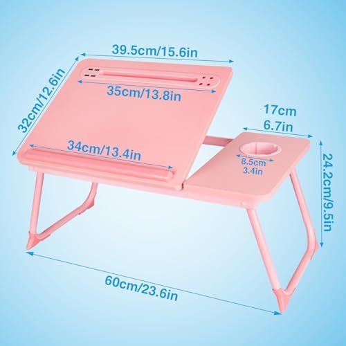 Laptop Bed Desk, Adjustable Lap Desk, Small Laptop Table with USB Charge Port, Desktop Card &Pen Slot, Cup Holder, Foldable Bed Tray Table for Couch Sofa Chair Floor Eating Working