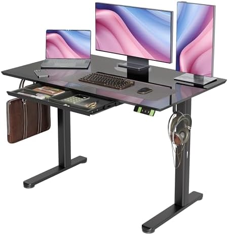 INNOVAR Glass Standing Desk with Drawers 48×24 Inch Black