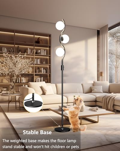 Lightdot 60IN Dimmable Black Floor Lamp Mid Century Standing Lamps with 3 Globe Soft Warm White 3000K Bulbs Included Modern Tall Lamp with 5Lbs Heavy Base for Living Room/Bedroom/Sofa Beside