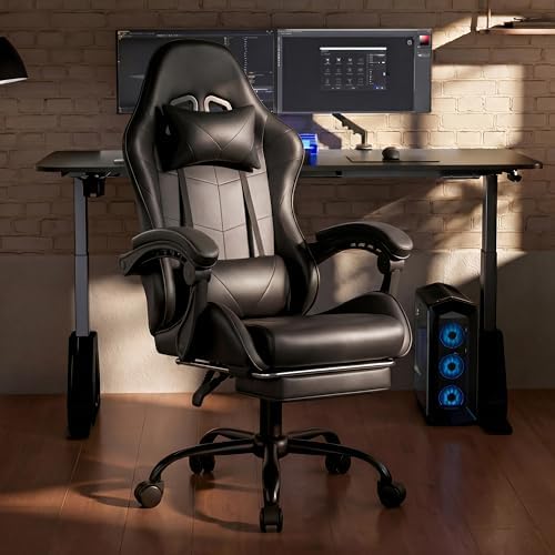 Gaming Chair, Ergonomic Footrest, Lumbar & Headrest(Black)