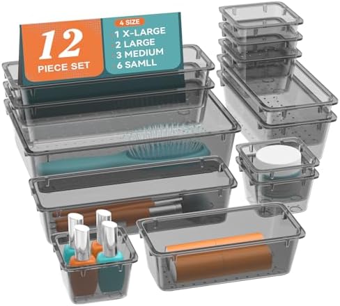 12 PCS Drawer Organizer Set, Makeup Organizers, Tool Storage Trays, Black