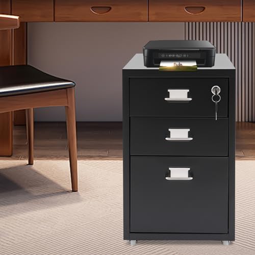 CNCEST 2-Drawer Vertical File Cabinet Metal Mobile Filing Cabinet with Lock Rolling File Drawer Cabinet Under Desk Sturdy Steel Storage Unit with Glide Drawers Lockable Wheels for Home Office (Black)