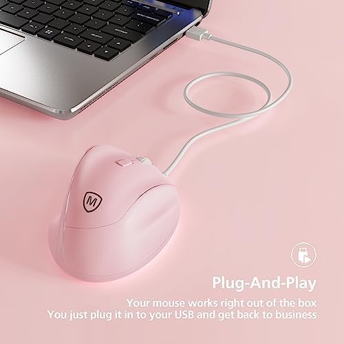 Micropack Ergonomic Mouse Wired for Laptop, PC Computer and Desktop, Ergo Mouse Vertical with Silent Clicks, Up to 3200 DPI Adjustable Mouse Sensitivity, Pink