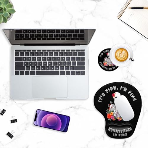 ITNRSIIET Ergonomic Mouse Pad Coaster Set with Gel Wrist Support Wrist Rest Smooth Surface Non-Slip PU Base Comfortable Office Supplies Pain Relief, 9.5 x 8.3 inches, Flower Skull