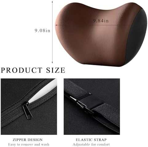 Car Headrest Cushion, Ergonomic Memory Foam Car Neck Back Support w/Removable Cover, Universal Breathable Lumbar Cushion Headrest Pillow with Adjusatble Strap (Coffee)