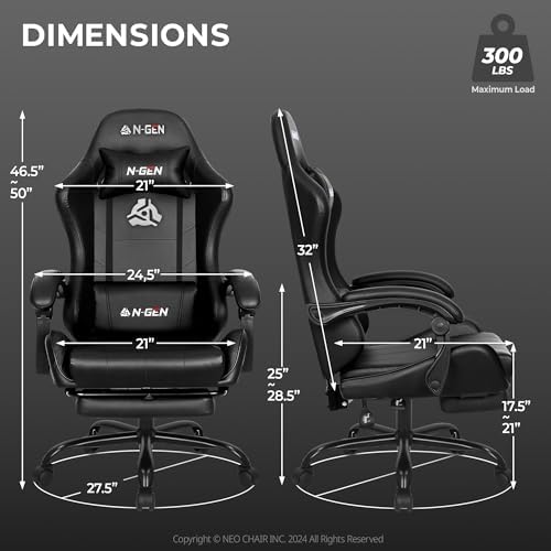 N-GEN GAMING Gaming Chair with Footrest, Lumbar, High-Back, All Black