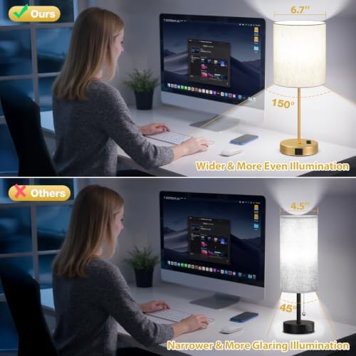 17.6" Gold Touch Lamps for Bedroom Set of 2 - Dimmable, USB C+A, AC Outlet
