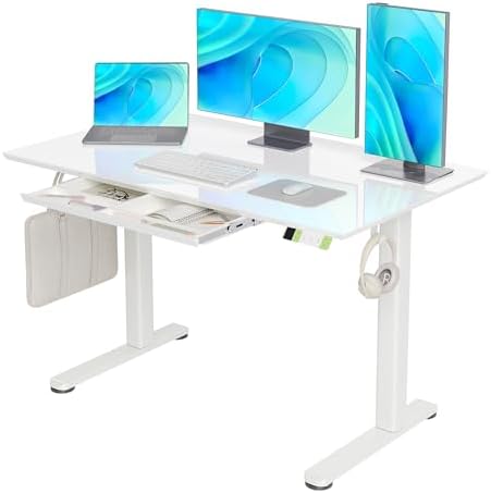 Claiks Glass Standing Desk with Drawers 48x24 Inch Super White