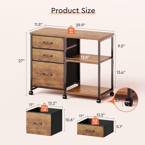 Maihail 3 Drawer File Cabinet with Wheels with Open Storage Shelf