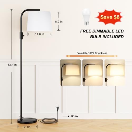 Ambimall Fully Dimmable Floor Lamp with 9W LED Bulb, Standing Lamp for Living Room with Adjustable Head, Modern Tall Light with Rotary Switch for Office, Black and White