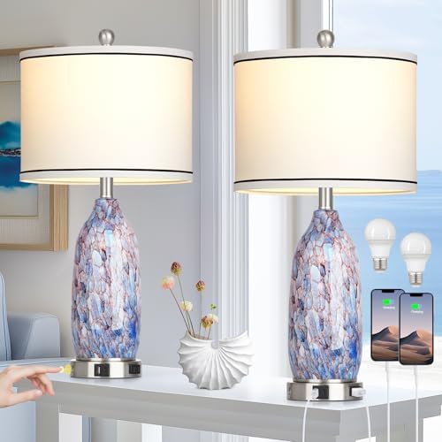 Coastal Lamps with USB A+C Ports & LED Night light, Unique Seashells Glass Table Lamps with Natural Fabric Shade, Modern Touch Control Beach Bedside Lamp for Living Room Bedroom Nightstand Navy Blue