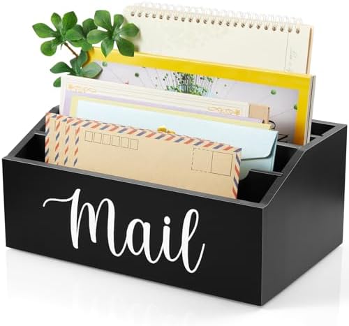 DRASTAR Mail Organizer Countertop, Mail Holder with 4 Slots, Wood Mail Sorter, Bill Organizer for Desk, Mail Storage Organizer for Home Office