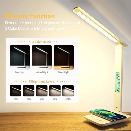 AYI Multi-Functional Desk Lamp 10W Qi Wireless Charger 3 Color Modes 5 Brightness Levels Eye-Caring LED Light Faux Leather Finish Calendar Temperature Display Office Table Lamp TX26 Black.