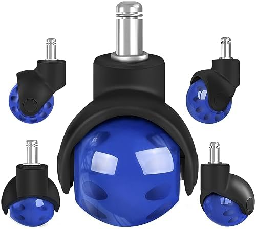 Office Chair Wheels Replacement 2 Inch Rubber Ball Caster Wheels for Wood Floor Carpet Mats, Set of 5, Heavy Duty Desk & Gaming Chair Casters 7/16" (11mm) Grip Ring Stem, Quiet Smooth Rolling (Blue)