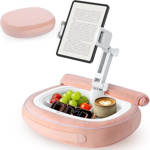 Tablet Pillow Holder with Snack Bowl, Adjustable Lap Laptop Stand, Soft Plush Bed Pillow, 360° Rotating Detachable Support Arm, Compatible with 4.7-16.1", Phone, Tablet, Pink