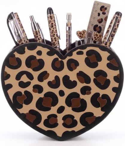 Tenceur Leopard Print Heart Holder for Desk Large Capacity heart Wood Pencil Holder Coquette Supplies Desk Organizer Cute Teacher Office Decor Makeup Brush Holders Back to School Gift for Girls Women