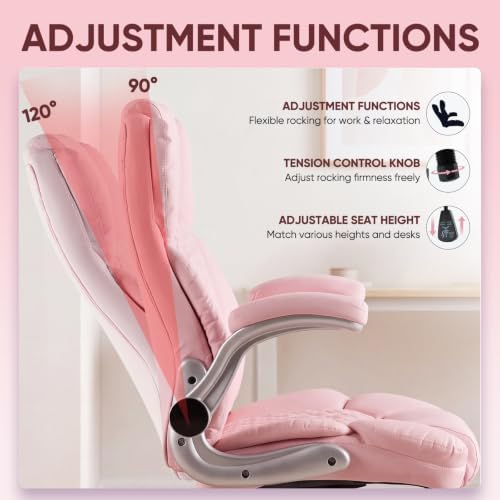 Executive Office Chair, Ergonomic Heavy Duty Desk Chair with Flip‑Up Armrests, 400 LBS High Back Comfy Computer Gaming Chairs for Home Office, Breathable PU Leather (Pink)