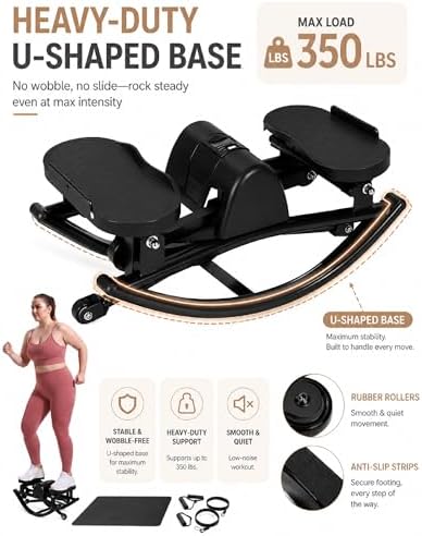 Rock Stepper Side to Side - Mini Stepper Exercise Machine for Home Workout, Rocking Stair Stepper with Resistance Bands & Mat, Portable Workout Equipment & Balance Board Alternative for Adults