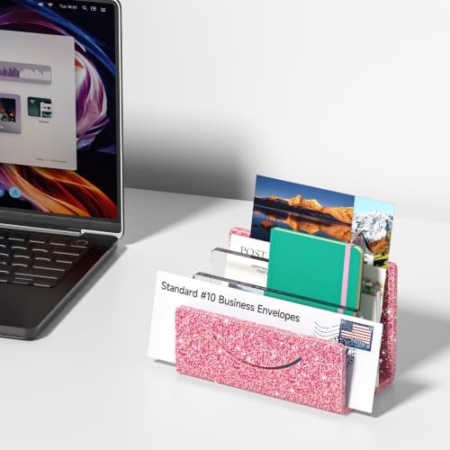 Mail Organizer Envelope Holder - 3 Compartments Glitter Pink Acrylic Mail Holder Countertop Home Office Desk Organizer Small File Sorter Vertical Bill Letter Paper Document Storage Rack