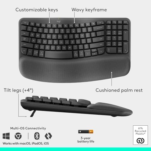 Logitech Wave Keys & Lift Vertical Mouse - Ergonomic Wireless Keyboard and Mouse Combo - with Cushioned Palm Rest, Easy-Switch, Bluetooth, for Multi-OS, Windows/Mac - Graphite (RENEWED)