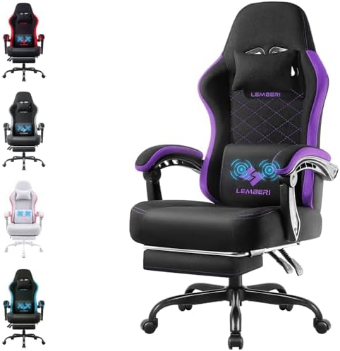 LEMBERI Gaming Chair, Fabric Big and Tall Video Game Chairs with Footrest, Massage Lumbar Support, Racing Style Ergonomic Computer Gamer Chair with Adjustable Headrest (Purple)