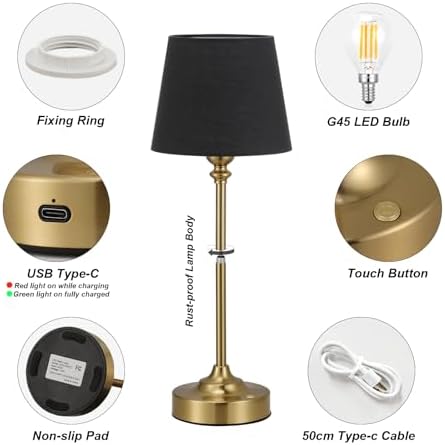 Kakanuo Cordless Table Lamps Rechargeable Set - 2 Pack Brass 4000mAH Battery Operated Lamps for Decor, 3000K Stepless Dimming Touch Wireless Lamp for Bedroom, Dining Table, Living Room, Black Shade