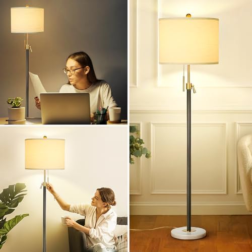Qingmiao Floor Lamp for Living Room Adjustable Tall Standing Lamp, 3-Way Dimmable Floor Lamp for Bedroom Office, Black Gold Lamp with Marble Base and White Linen Shade