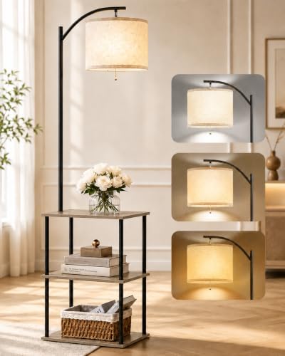 GERGO Floor Lamp with Table, Side Table for Living Room, 3 CCT 9W LED Bulb