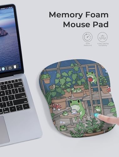 Kawaii Frog Ergonomic Mouse Pad for Carpal Tunnel Pain Relief, 65% Usable Mouse Area in Compact Size, Memory Foam Concave Wrist Rest for Office, PC, Gaming