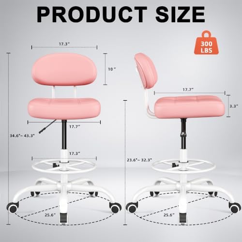 Armless Drafting Chair with Back, Tall Office Chair for Standing Desk, PU Faux Leather,Footrest Ring,Adjustable Height,360°Wheels for Bar Home Office