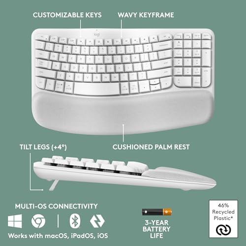 Logitech Wave Keys & Lift Vertical Mouse - Ergonomic Bundle — Wireless Keyboard with Cushioned Palm Rest & Vertical Wireless Mouse - Easy-Switch, Bluetooth, for Multi-OS, Windows/Mac - Off White