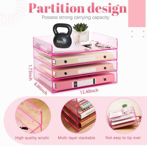 Harloon 4 Tier Clear Hot Pink Acrylic Paper Organizer Letter Tray, Aesthetic Stackable Low Profile Desk File Organizer Modern Heavy Duty Paper Holder Tray for A4, Office Home File Pad Books Notes