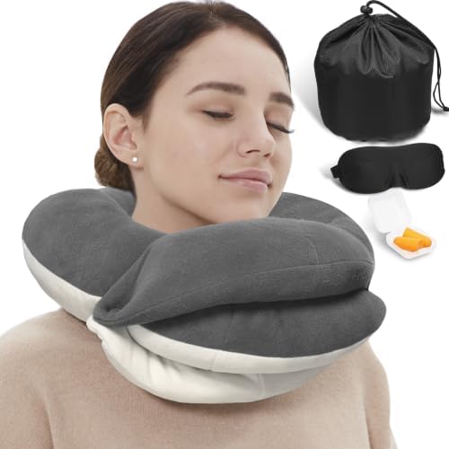 BUYUE Travel Neck Pillows for Airplanes, Memory Foam 360° Head Support Sleep for Long Flight, Skin-Friendly & Breathable, Kit with Eye Mask, Earplugs and Storage Bag (Adult, Grey, 90+ lbs)