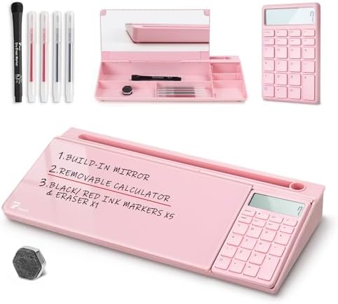 TOWON Glass Desk Whiteboard with Calculator 17x6 in, Desk Organizer, Pink