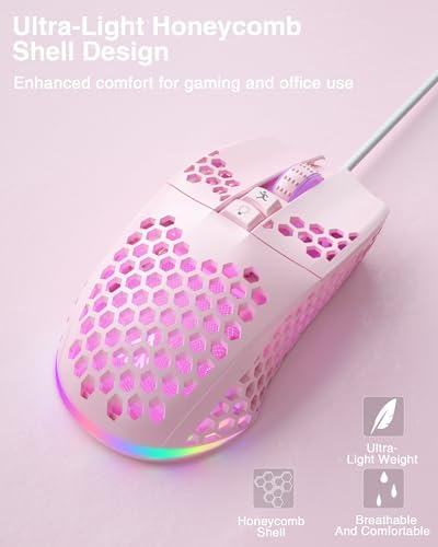 SOLAKAKA SM900 Wired Gaming Mouse with Honeycomb Shell,12800 DPI,7 Programmable Buttons,Lightweight Gaming Mice Ergonomic Computer Mouse Gaming for Windows/PC/Mac/Laptop Gamer (Pink)