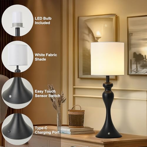 Cordless Table Lamp Rechargeable, Battery Fabric Bedside Touch Light, Black