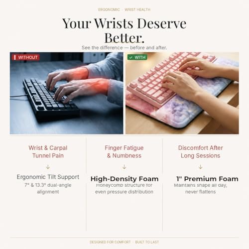 Ergonomic Keyboard Wrist Rest Pad, Thick Memory Foam with 7° & 13.3° Dual Angle Support, Pink Purple Marble Desk Decor for Office & Gaming, Honeycomb Massage Bumps for Carpal Tunnel Relief
