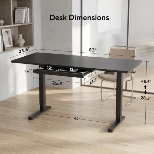 Claiks Electric Height Adjustable Standing Desk with Drawers, 63 x 24 Inch Sit Stand Desk for Home Office, Computer Desk Workstation,Black