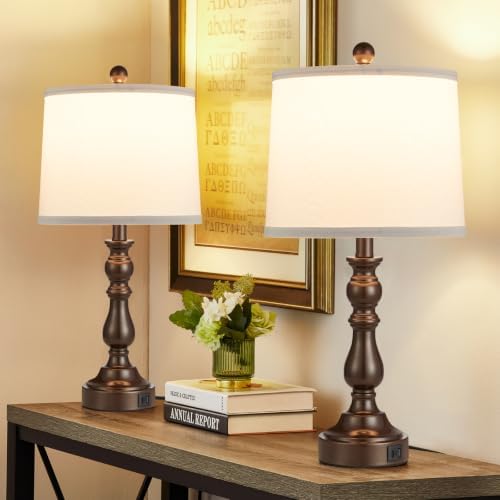 Brown Table Lamps Set of 2, Brown Lamps for Bedroom, USB C+A Ports