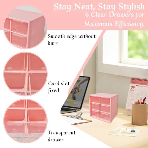 Small Mini Drawer Organizer for Desk, 6 Drawers, 4.7" x 4.7" x 3.8" Pink