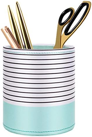 Pen Holder, Pencil Cup Pot Desk Organizer Multi Purpose Use Cute for Adults Kids Luxury Leather Makeup Brush Holder for Home, Office, Classroom, Stripes Mint Green