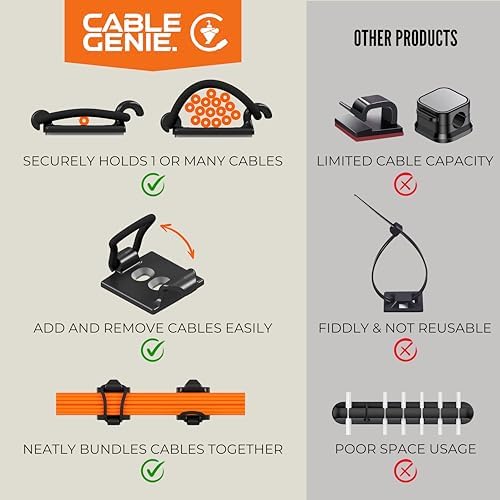 [Made in the UK] 30-Pack Adjustable Elastic Self-Adhesive Cable Tidy Clips, Cable Management Organiser for Office, Home, Under Desk, Behind TV, Charging Phone, Laptop, PC, HDMI, USB (BLACK)