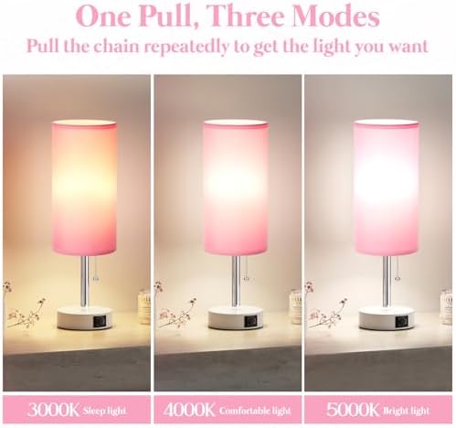 Dicoool Pink Bedside Table Lamp for Girls Bedroom - USB A+C Charging Ports