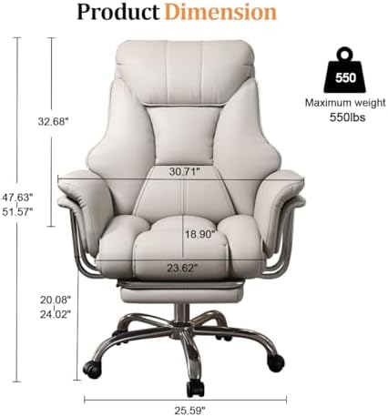 Big and Tall Office Chair 550 lbs Extra Wide Leather Executive Chair with Retractable Footrest, Heavy-Duty Ergonomic Chair, Adjustable Height Computer Gaming Chairs