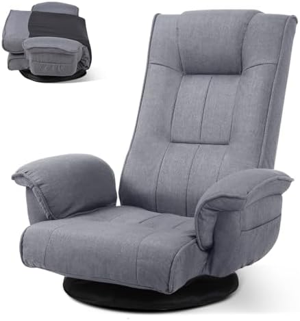 Linen Fabric Ergonomic Gaming Chair, 6-Position Reclining Sofa Bed with Lumbar Support, Foldable Floor Lounger with Thick Cushion, Armrests & Side Pockets for Esports, Reading, Napping (Gray)